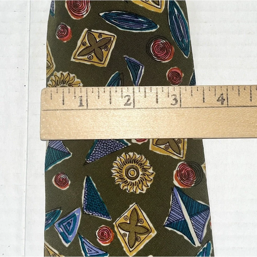 John Henry Mens Silk Crepe Tie Olive Green Geometric Abstract Vintage USA Made